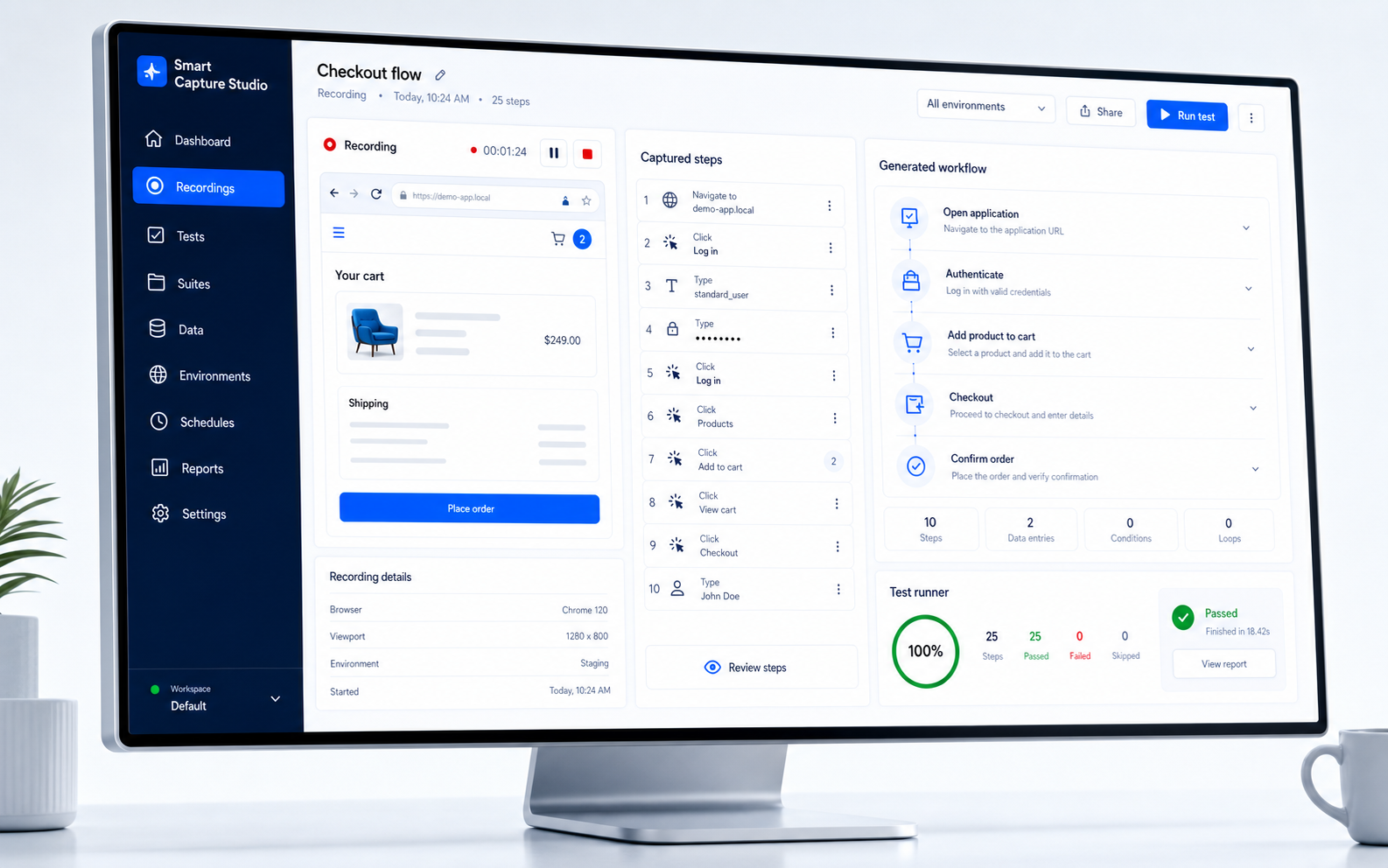 Product workflow connecting recorded QA steps to generated test automation and run results